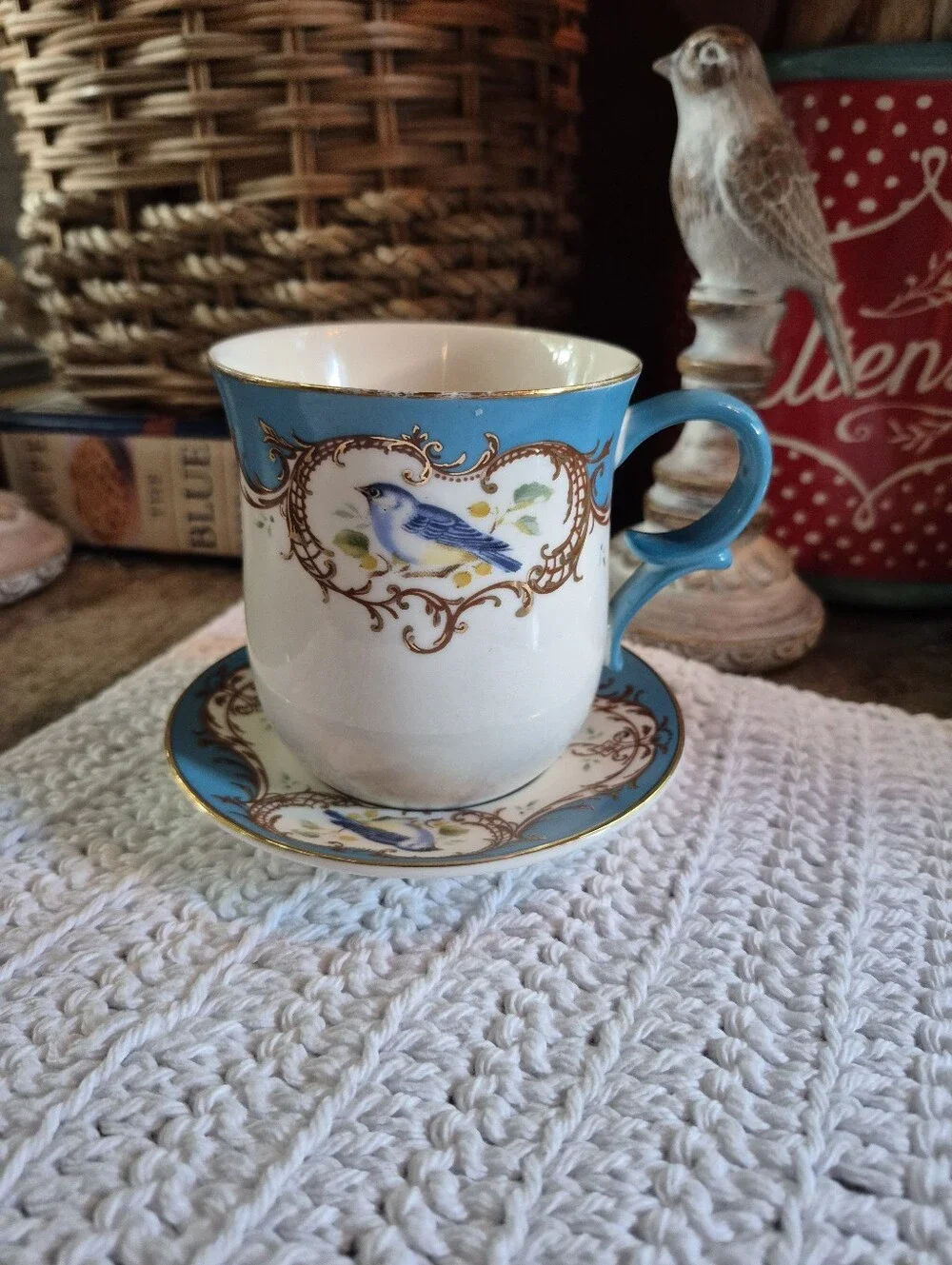 Vtg Gracie China Coastline Imports Teacup & Saucer Gold Scroll Blue Bird Pattern